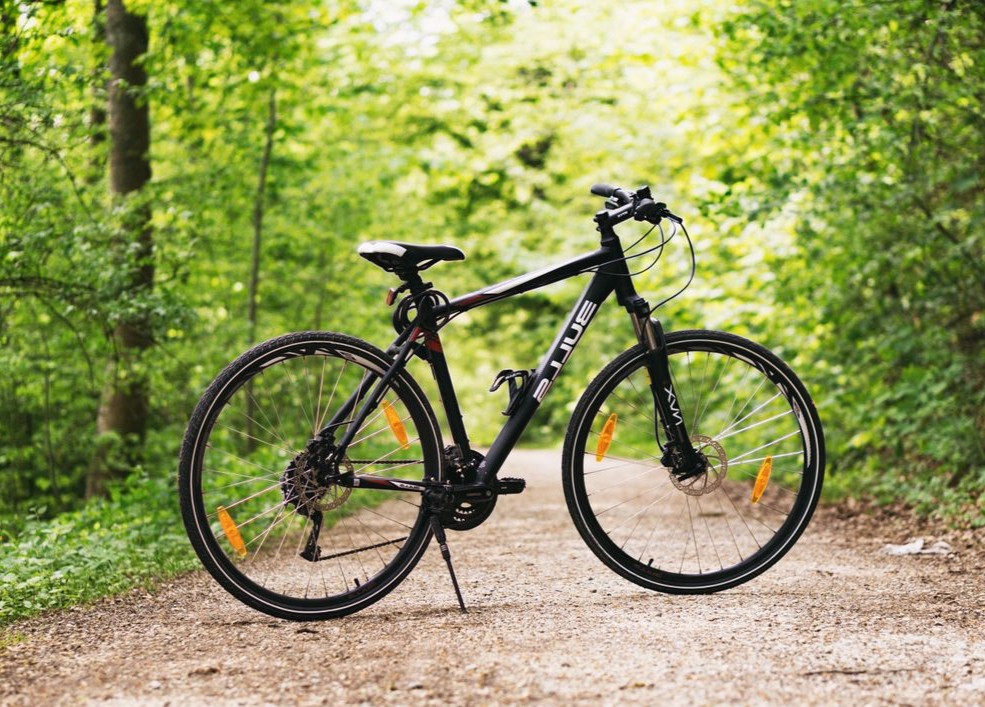 Black mountain bike parked on a gravel trail in a sunlit green forest